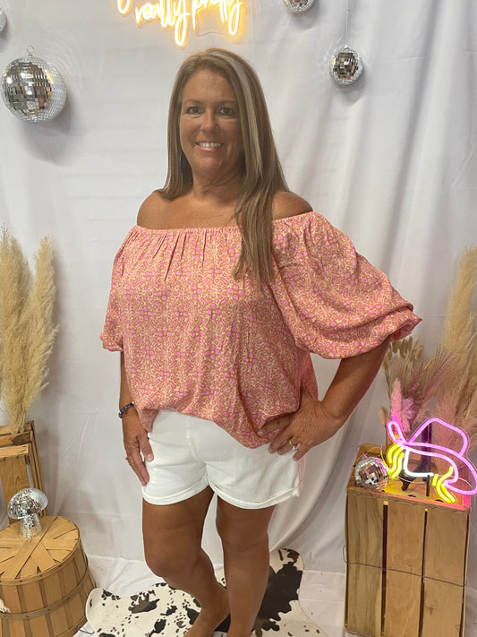 Pink Balloon Sleeves Off Shoulder Top