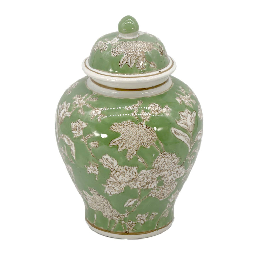Green & White  Floral Peony Ceramic Chinoiserie Jar 12"