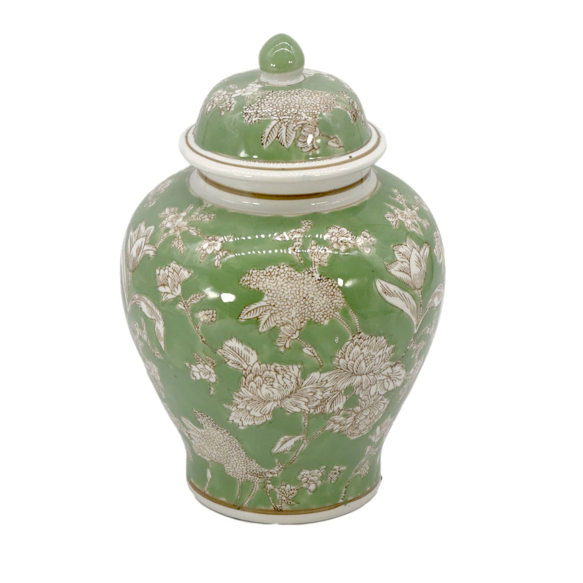 Green & White  Floral Peony Ceramic Chinoiserie Jar 12"