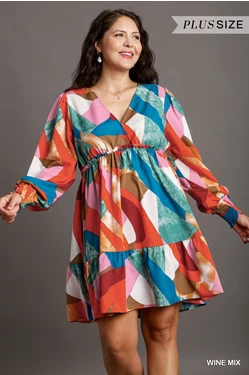 Plus Abstract V-Neck Tiered Dress