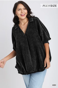 Plus Washed V-Neck Top Ash