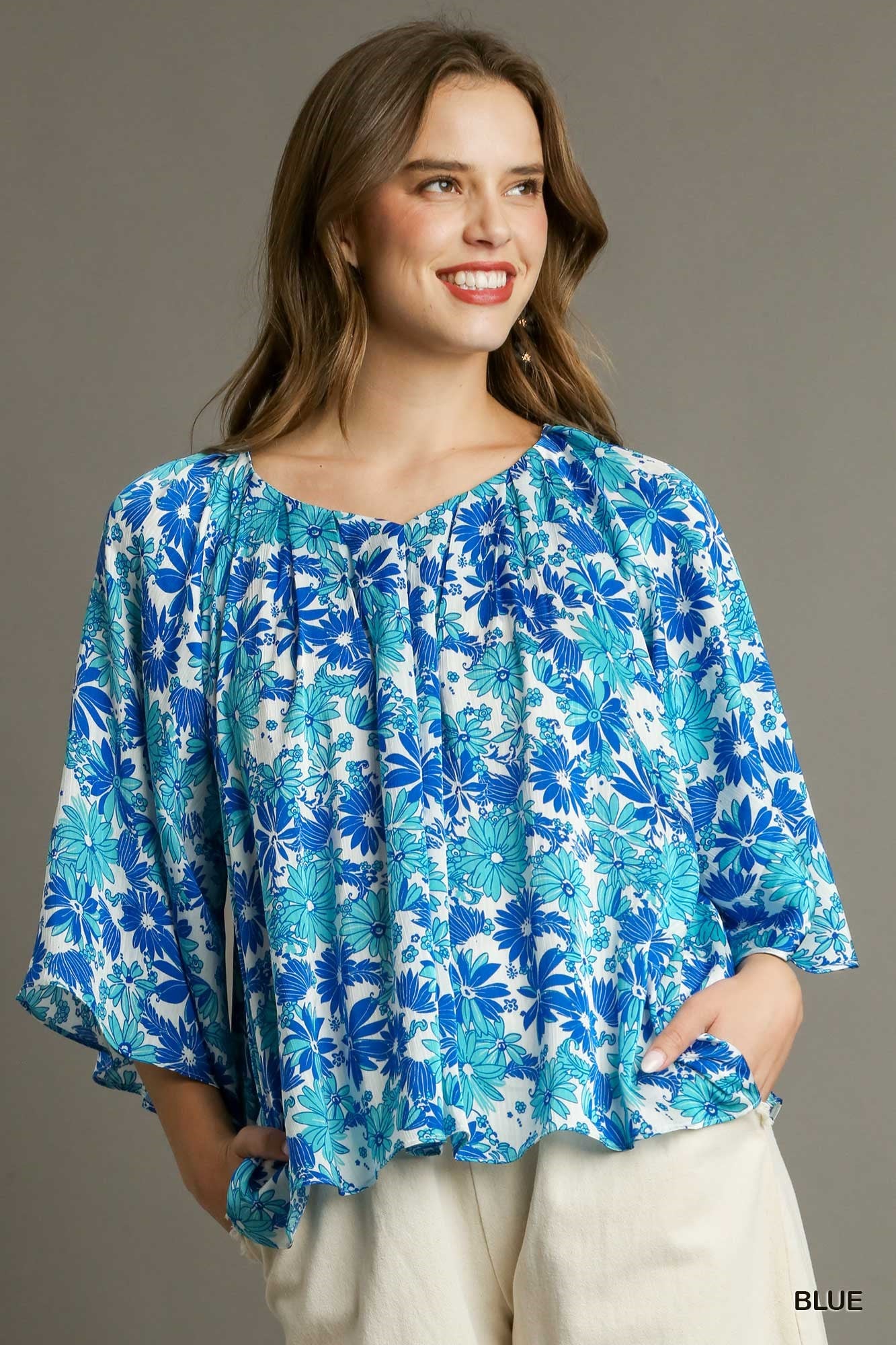 Floral V-Neck Pleated Top
