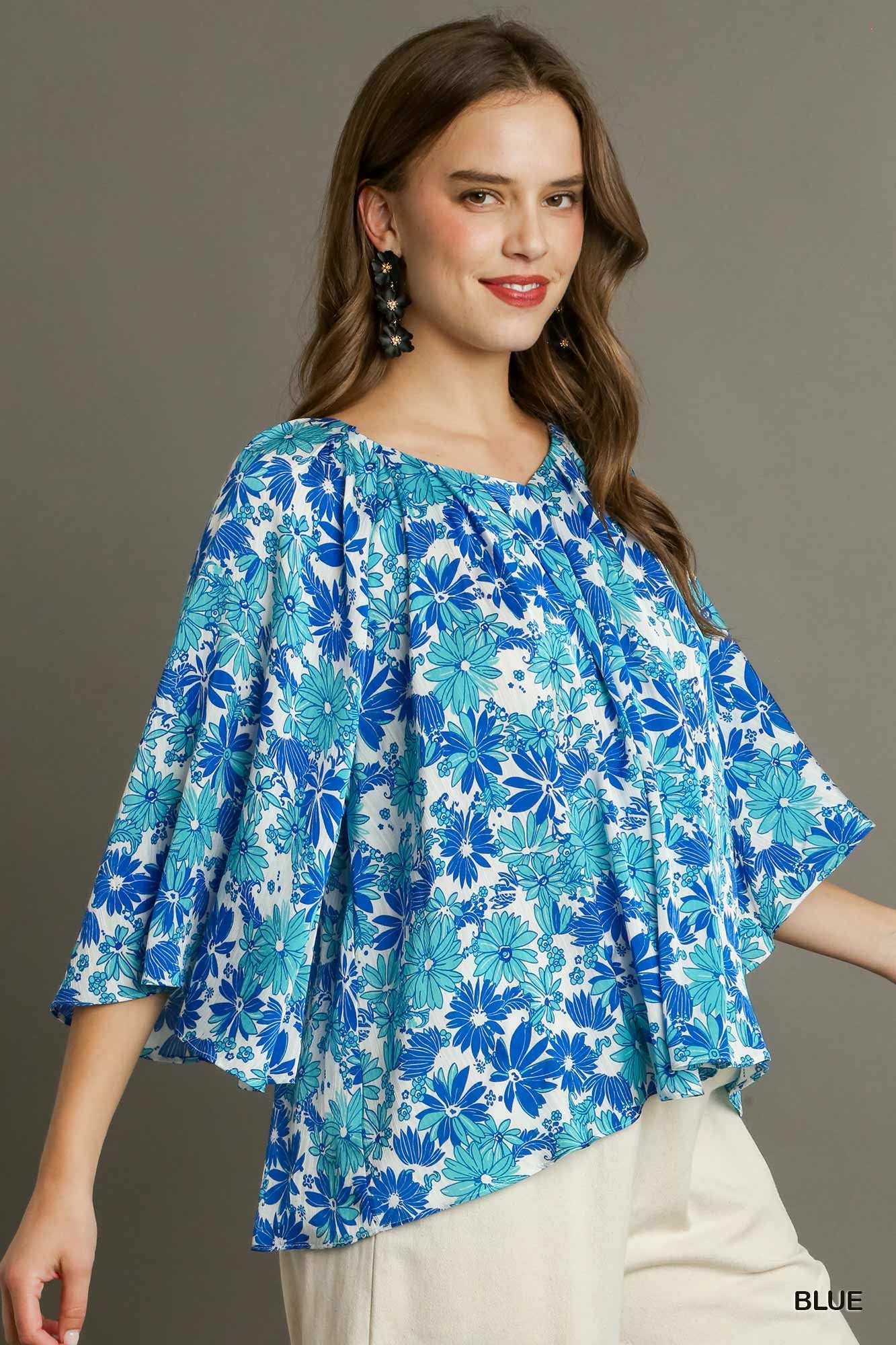 Floral V-Neck Pleated Top