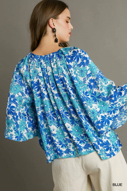 Floral V-Neck Pleated Top