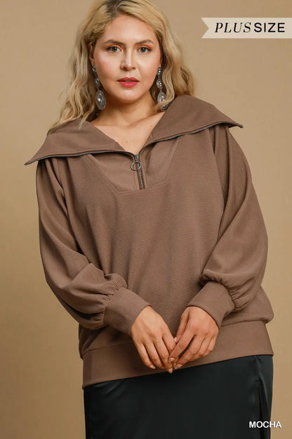 Plue Ribbed Half Zip Top Mocha
