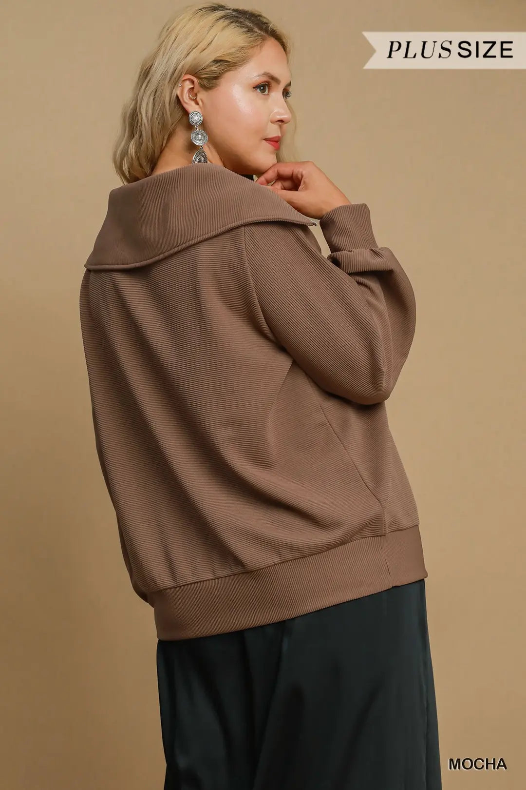 Plus Ribbed Half Zip Top Mocha