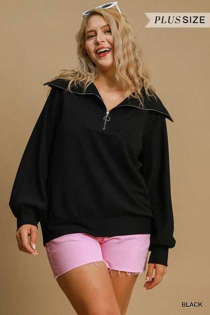 Plue Ribbed Half Zip Top Black