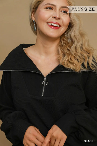 Plue Ribbed Half Zip Top Black