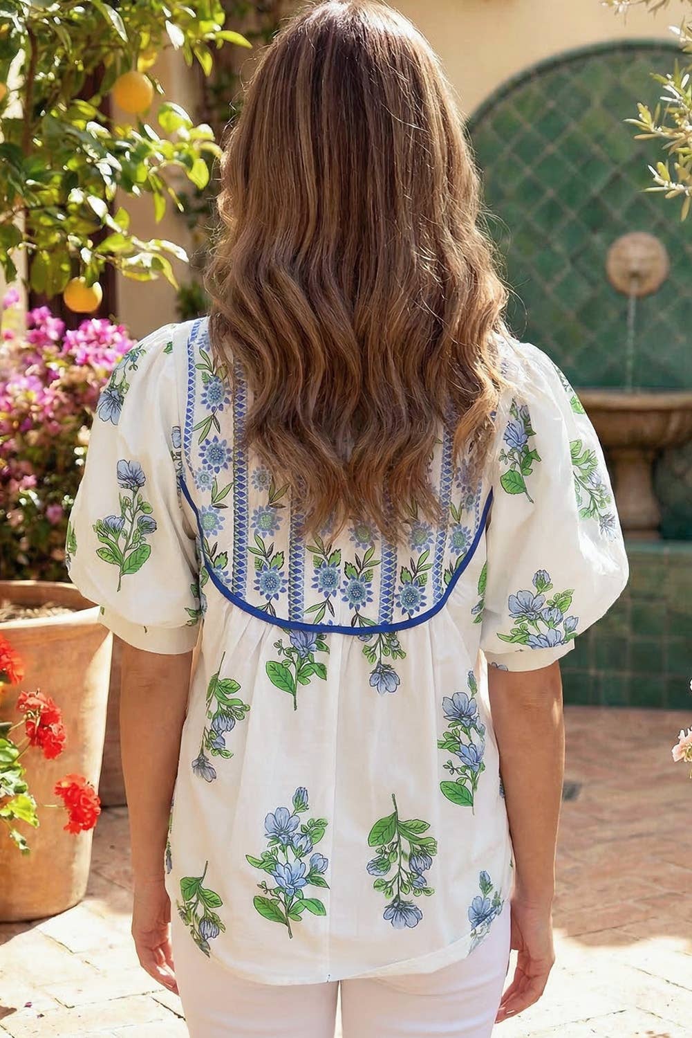 Blue Floral Puff Sleeve Top With Ties