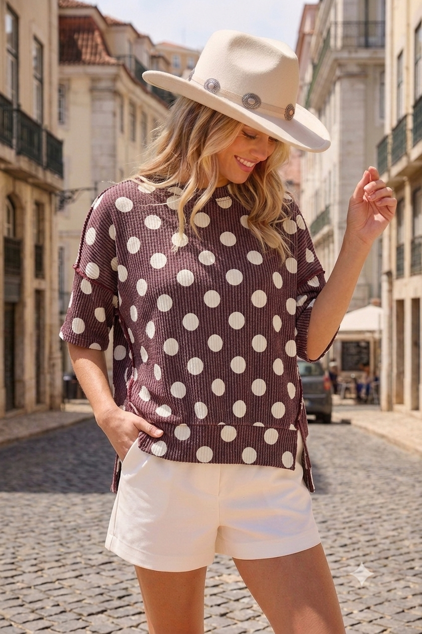 Polka Dot Rib Knit Top Brown