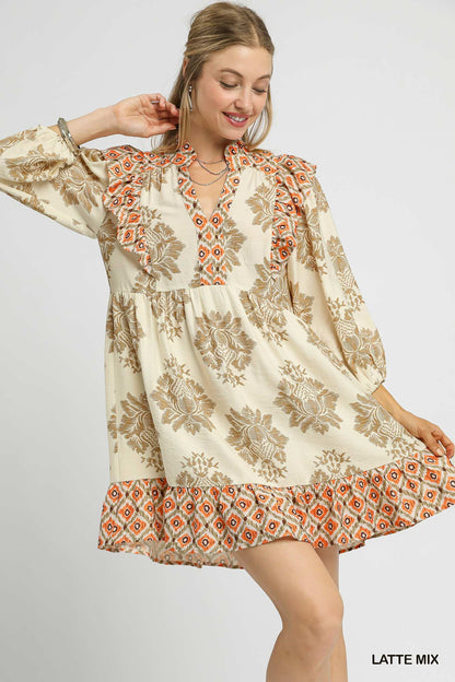 Damask Printed Ruffle Dress