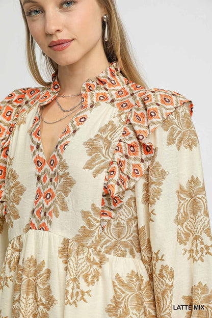 Damask Printed Ruffle Dress