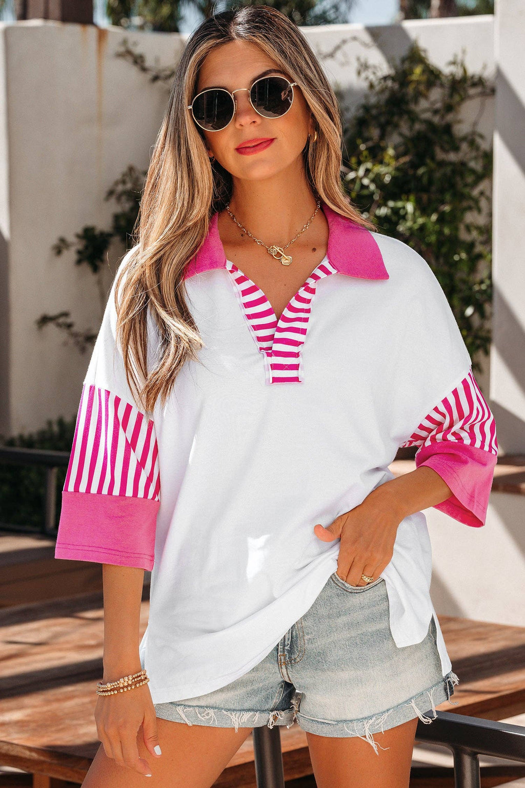 Pink/White Striped Colorblock Top