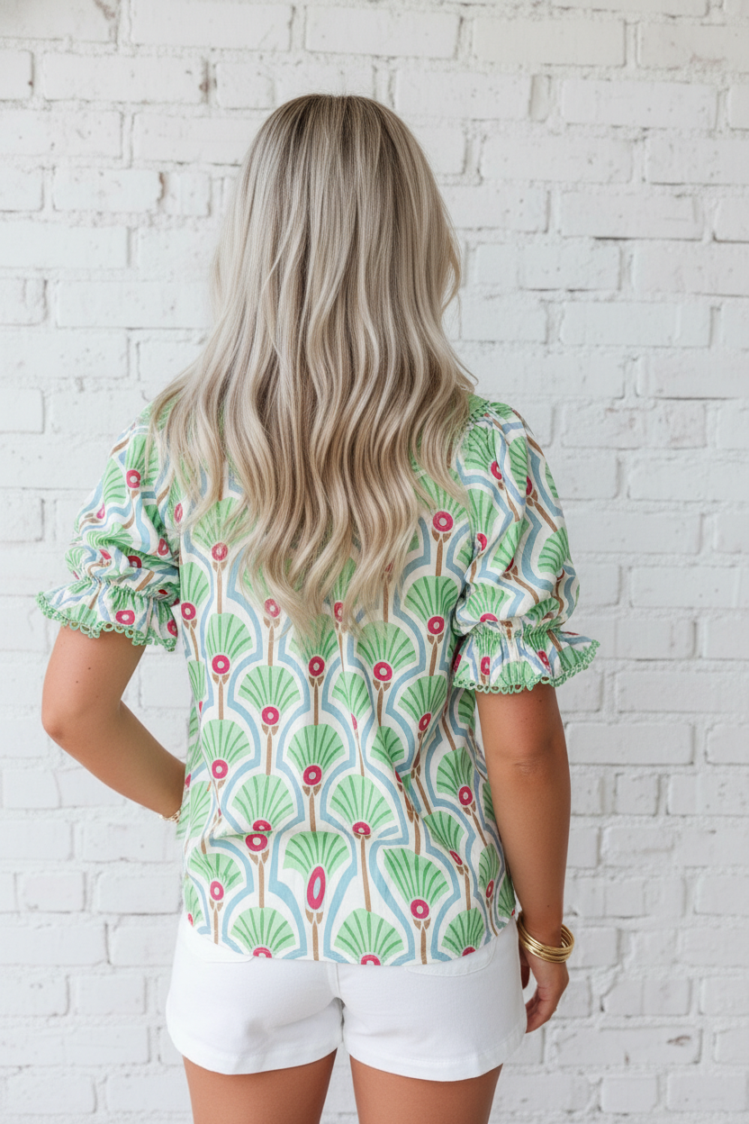 Floral Ricrac Bubble Sleeve Blouse