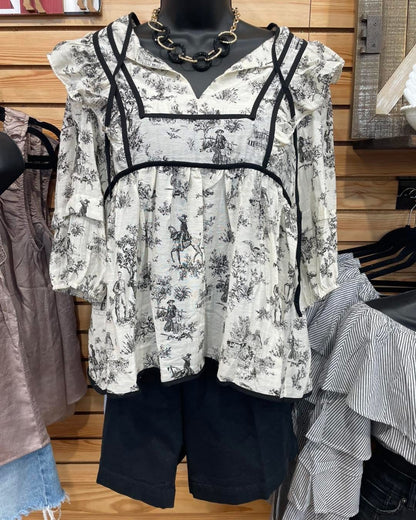 Printed V-Neck Babydoll Top Cream/Black