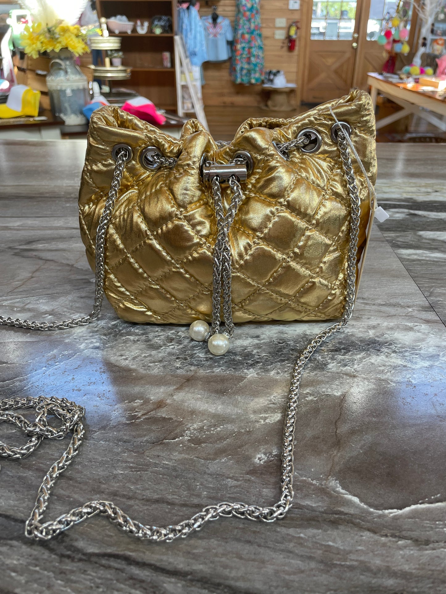 Faux Leather Mini Purse W/ Chain Gold