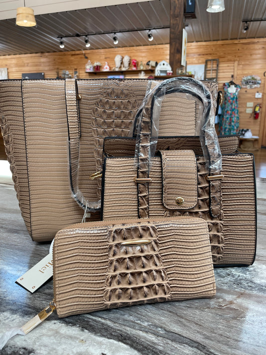 Gator Textured 3 Piece Purse Tan