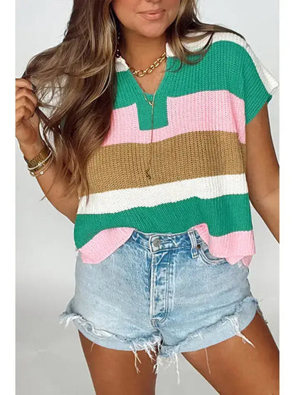 Striped Colorblock Knit V-Neck Top