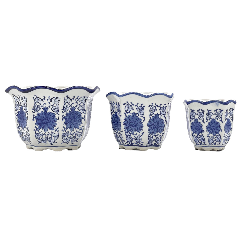 Blue & White Floral Ceramic Pots Ruffled Lip