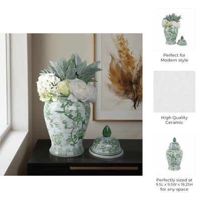 Ceramic Bird Flower Decorative Temple Jar - Green, 18 in.