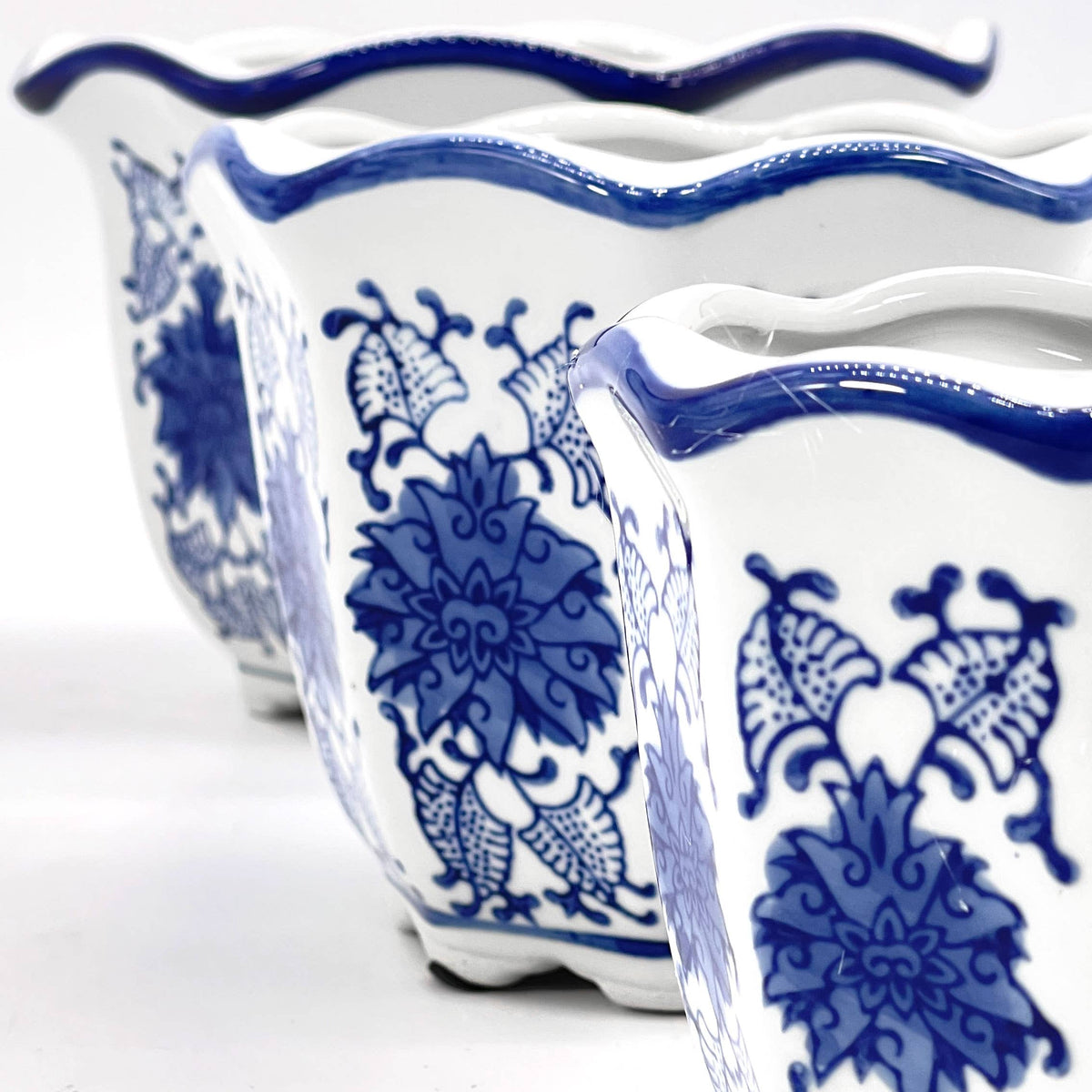 Blue & White Floral Ceramic Pots Ruffled Lip