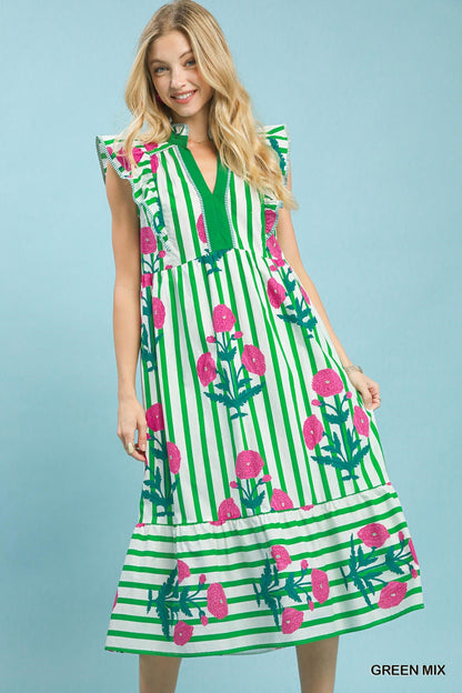 Mix Striped Floral Midi Dress
