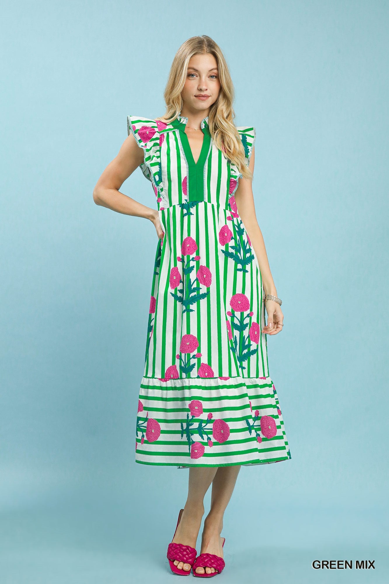 Mix Striped Floral Midi Dress