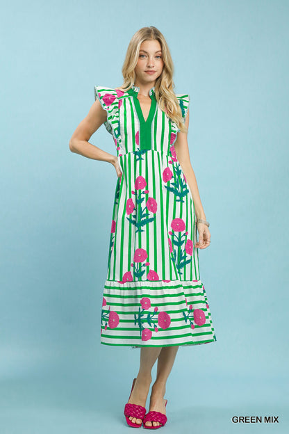 Mix Striped Floral Midi Dress