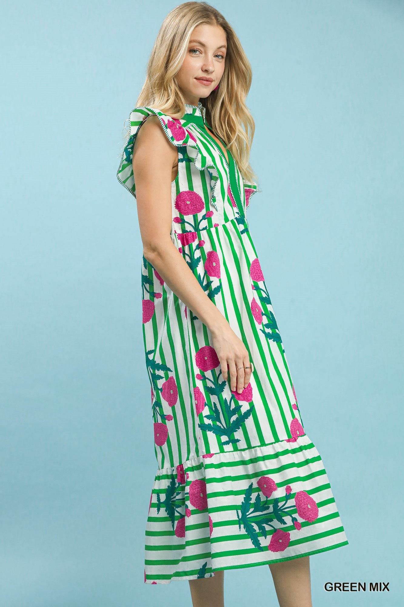 Mix Striped Floral Midi Dress