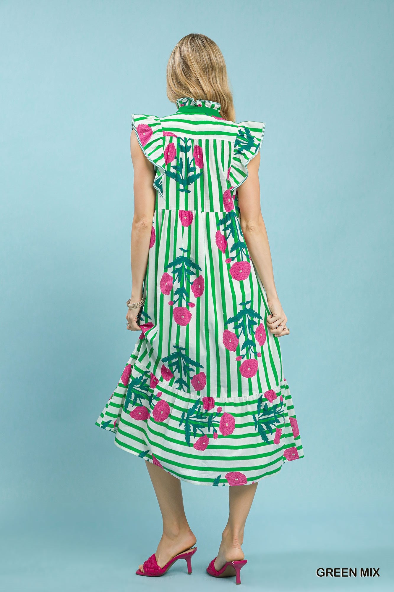 Mix Striped Floral Midi Dress