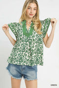 Plus Abstract Flutter Sleeve Top Green