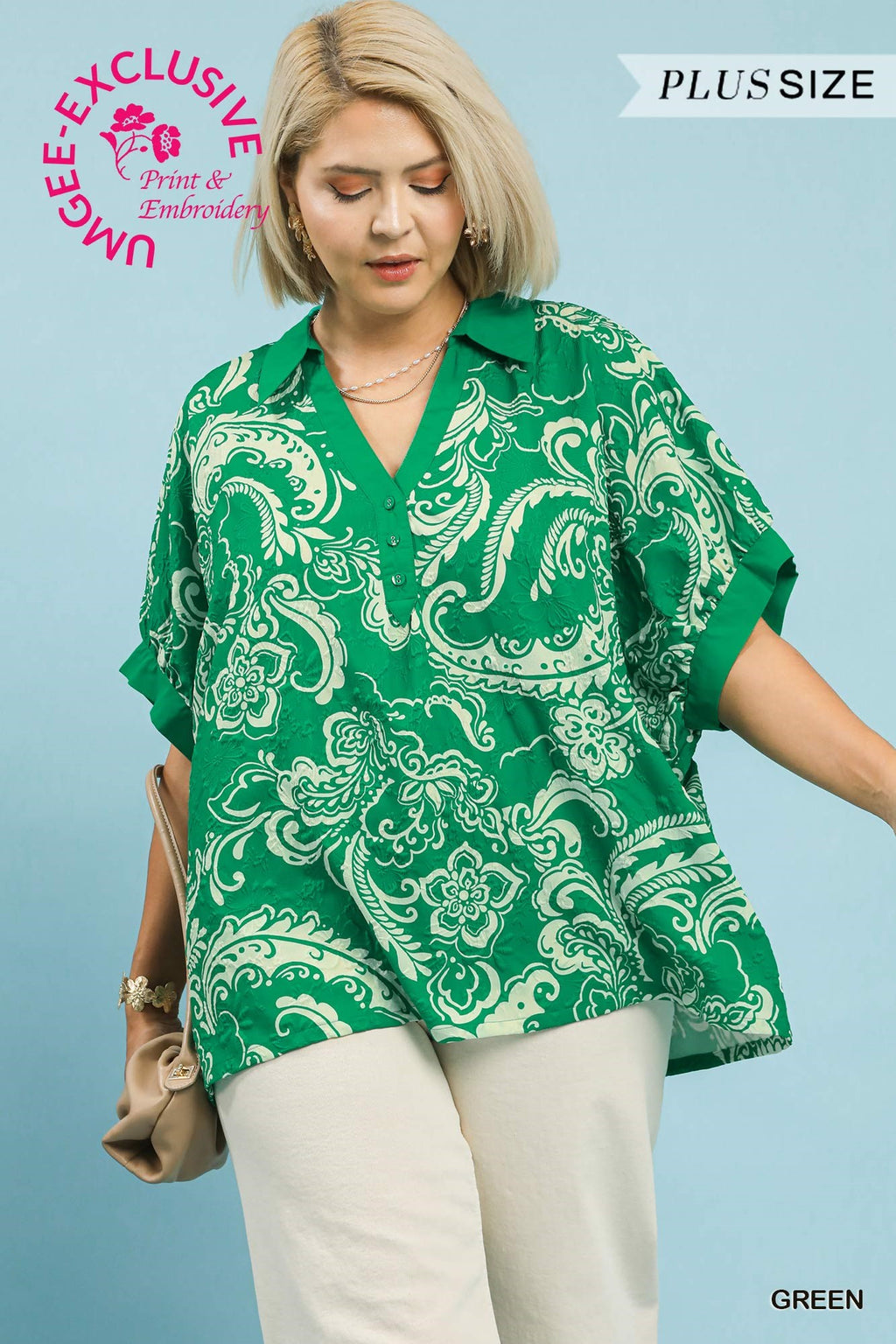 Plus Paisley Print Collared Top