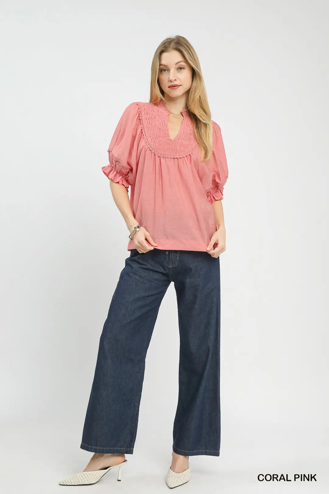 Smocked Ruffle Sleeve Blouse Coral