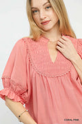 Smocked Ruffle Sleeve Blouse Coral