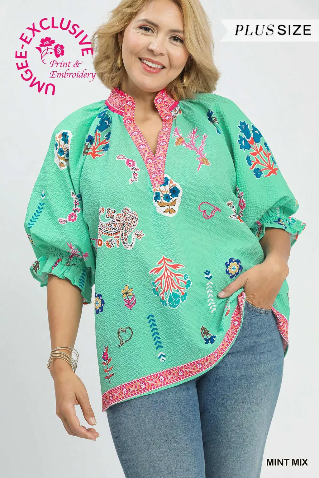 Plus Floral V-Neck Smocked Top Mint
