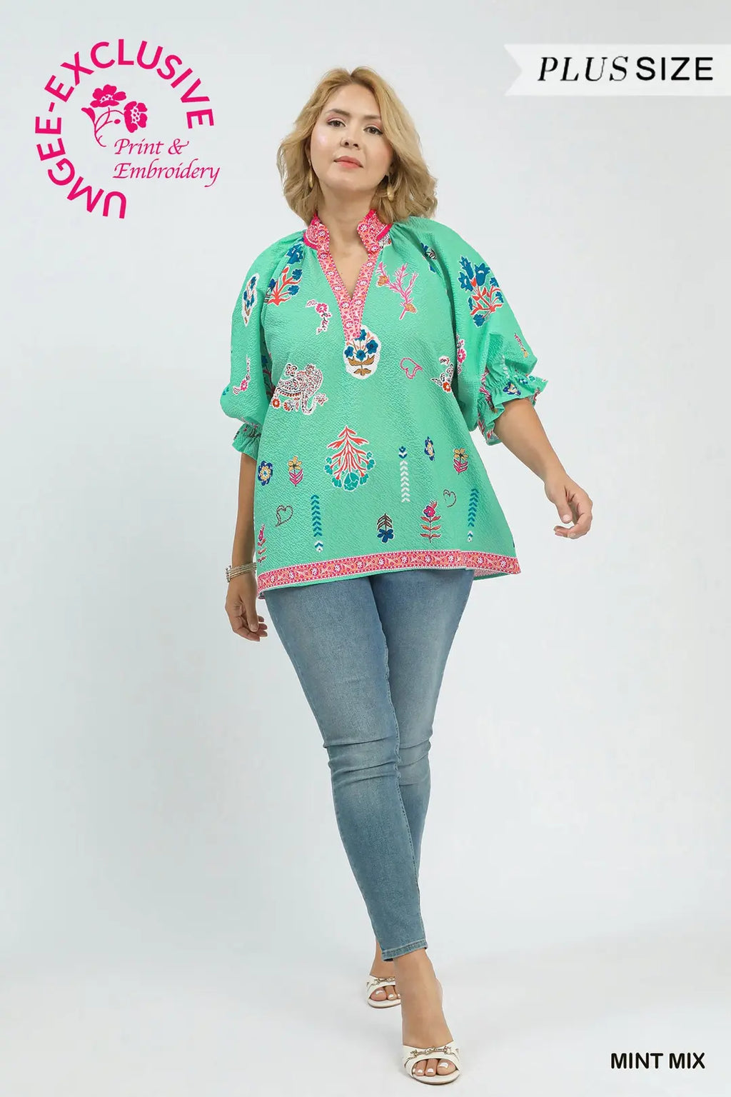 Plus Floral V-Neck Smocked Top Mint