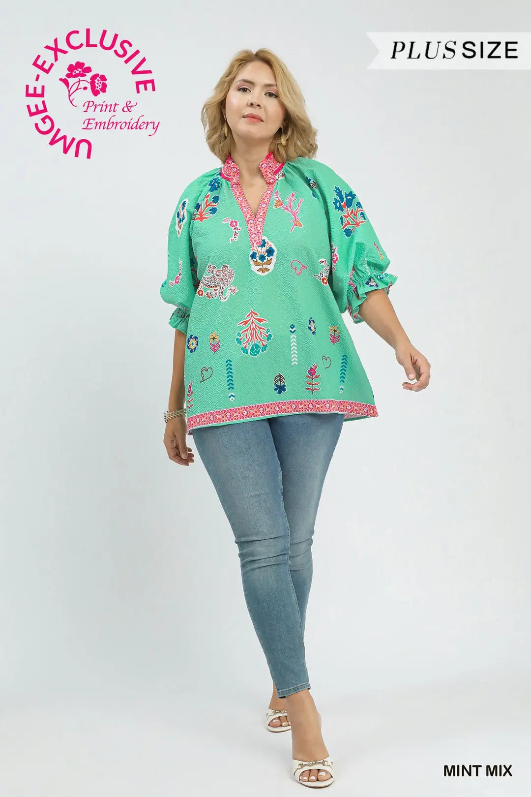 Plus Floral V-Neck Smocked Top Mint