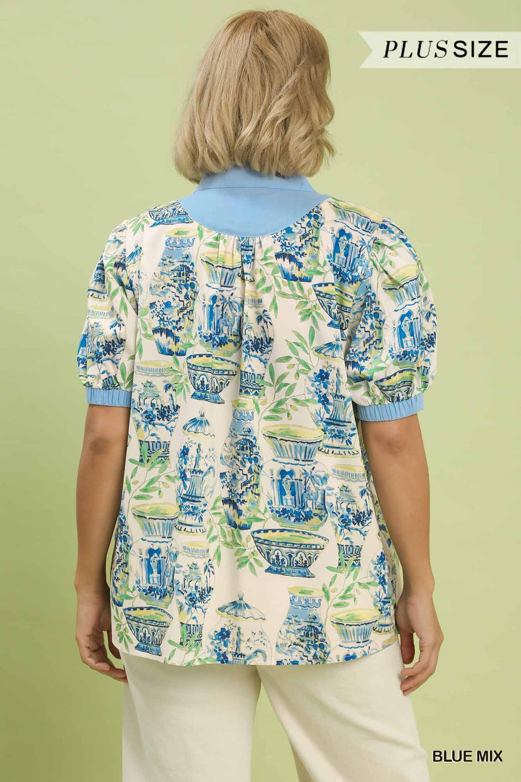 Plus Blue Trimed Abstract Top
