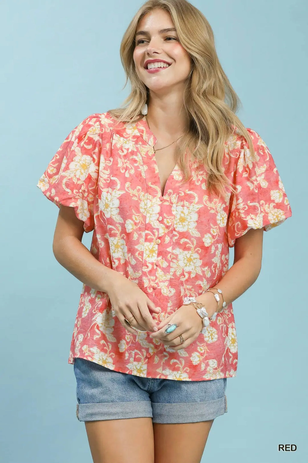 Red Floral V-Neck Top