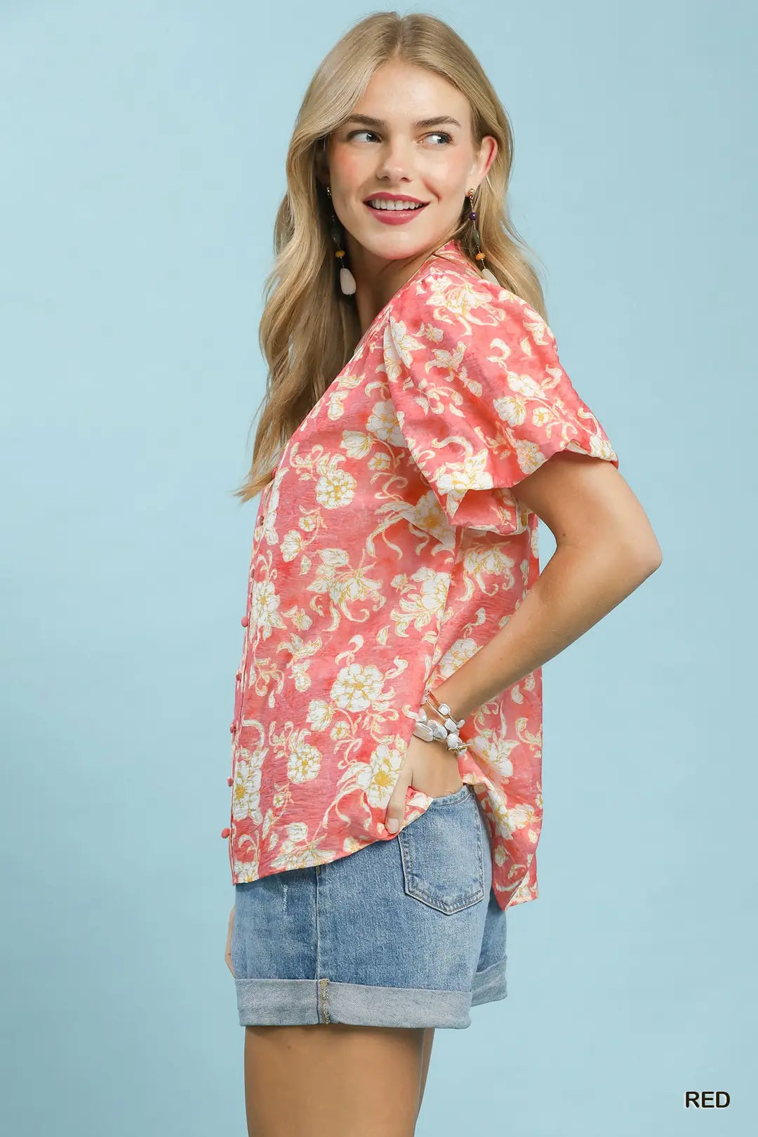 Red Floral V-Neck Top