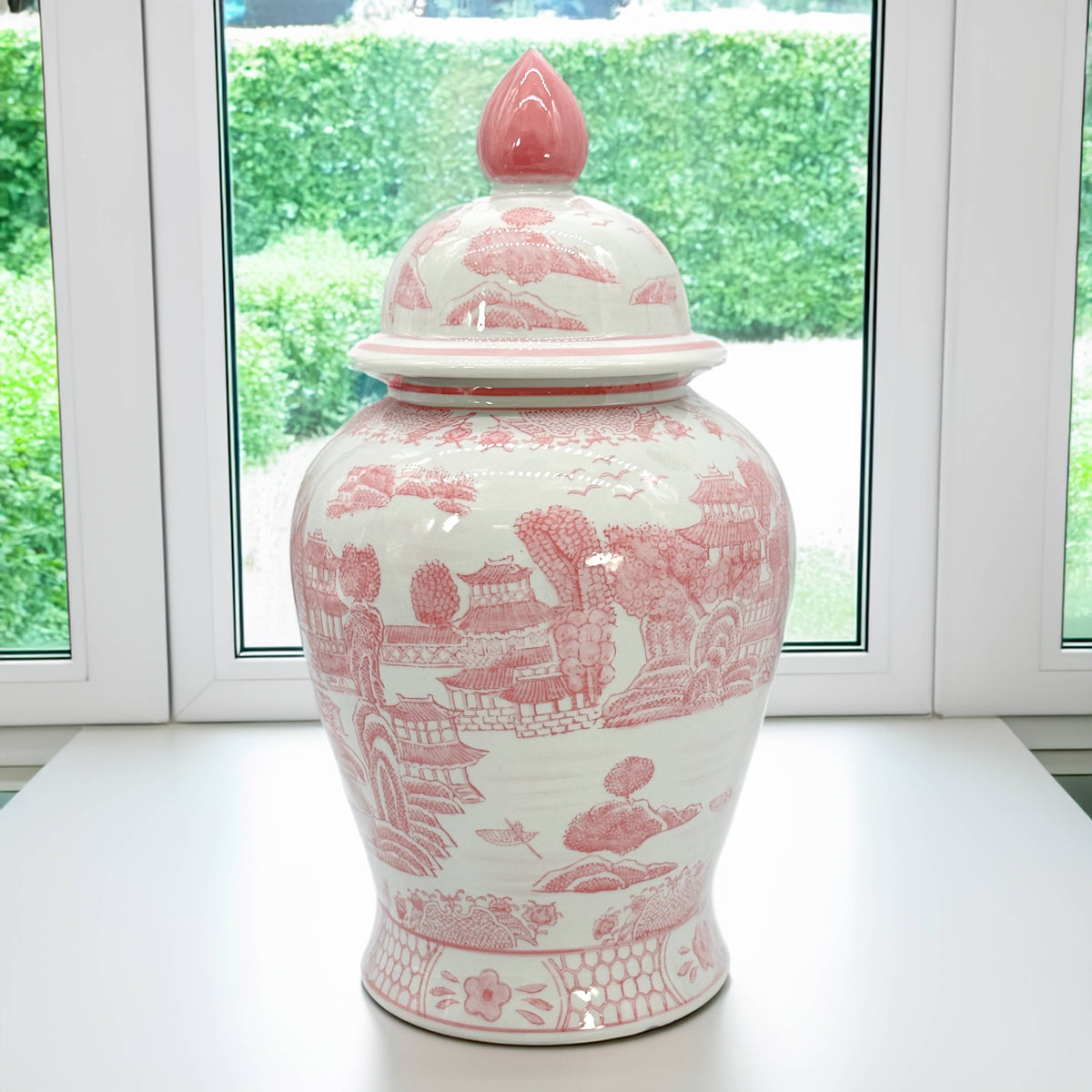 Pink & White Chinoiserie Ceramic Jar 18"