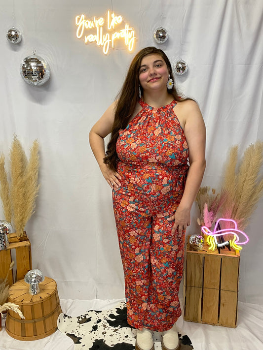 Halter Neck Floral Jumpsuit Red