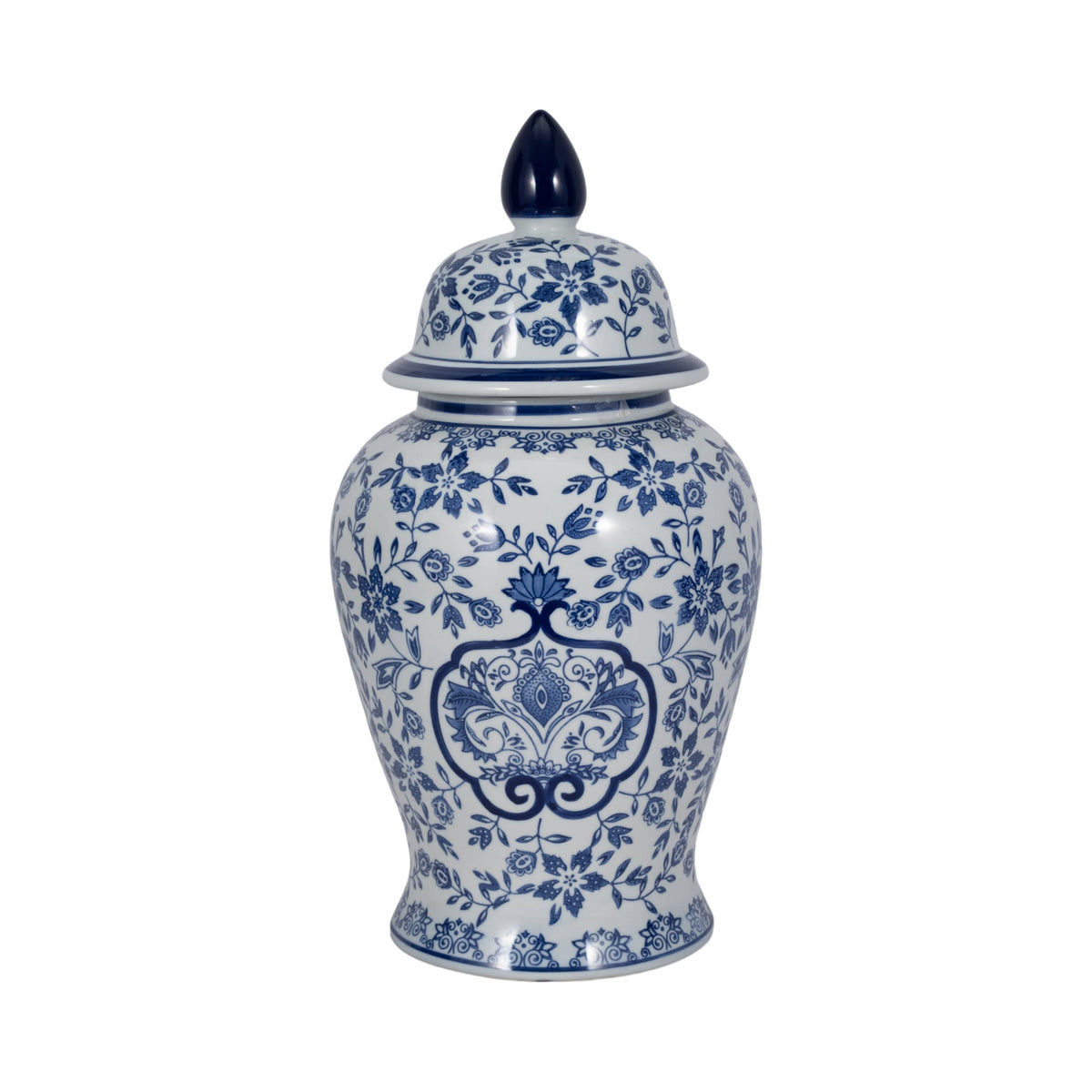 Temple Jar - White/Blue Ceramic Chinoiserie Charm, 18 in.