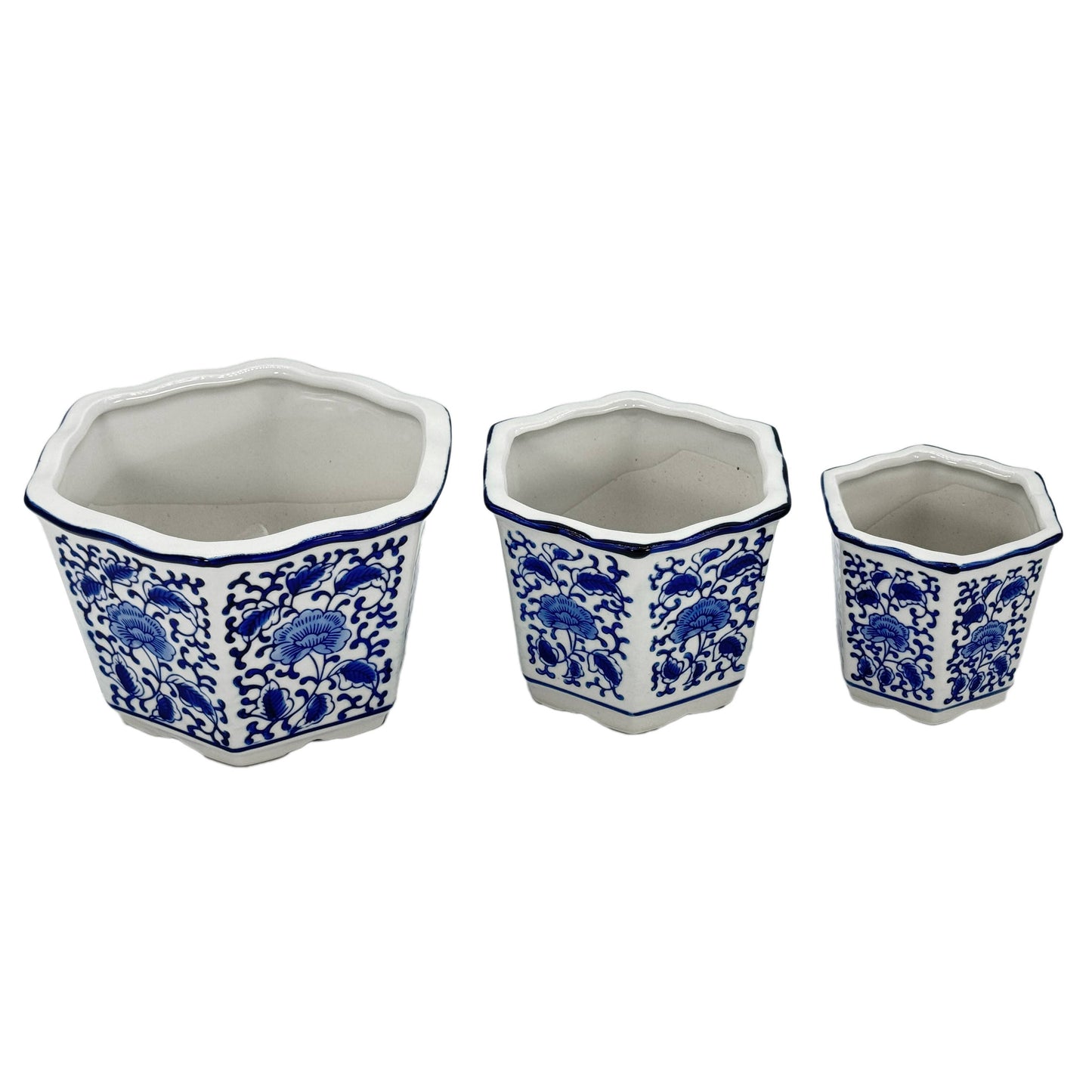 Blue & White Hexagon Floral Ceramic Ruffled Lip