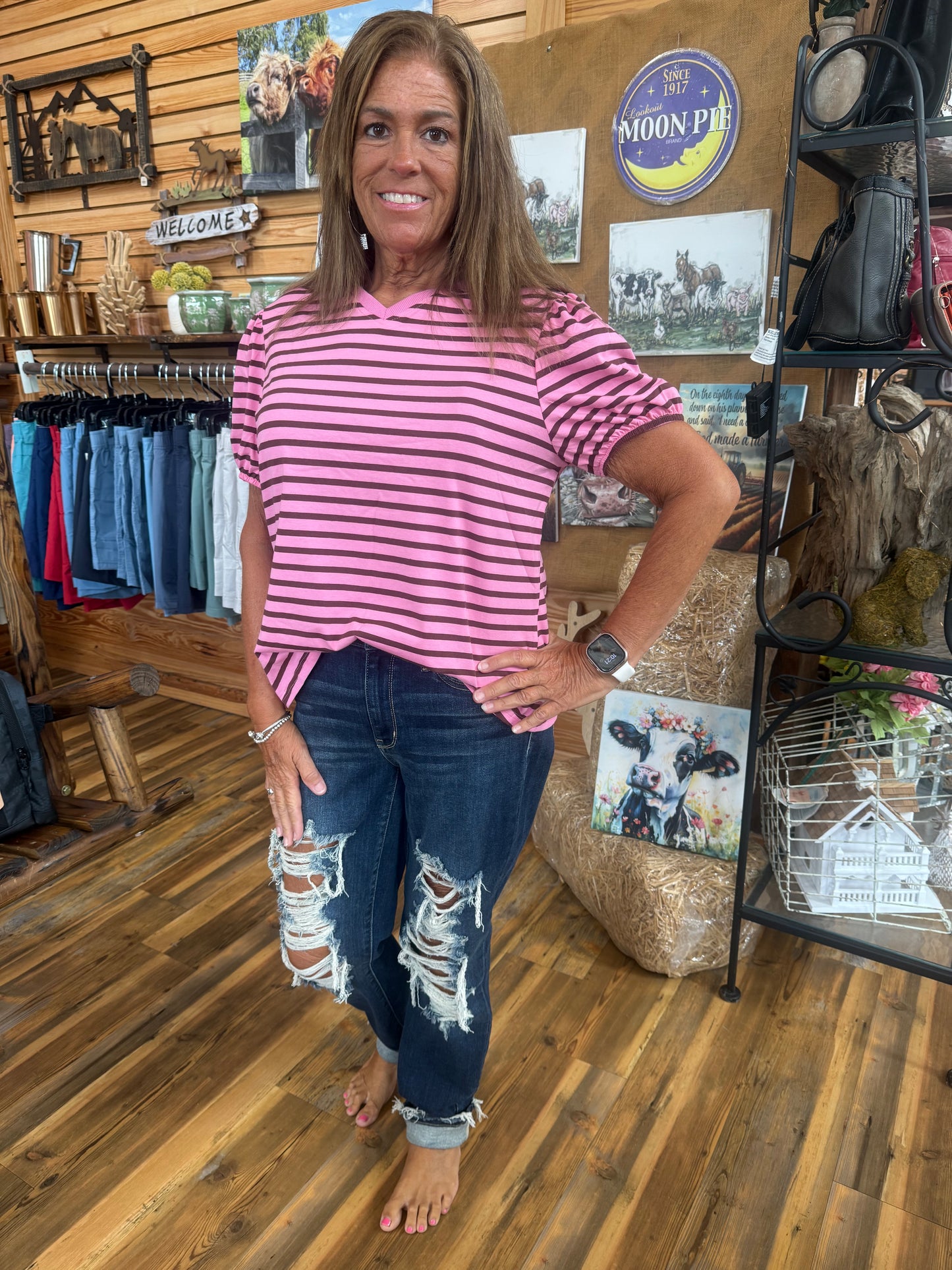 Stripe V Neck Short Puff Sleeve Tee