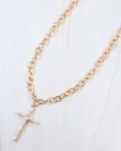 Caroline Hill Gold Pearl Cross Necklace