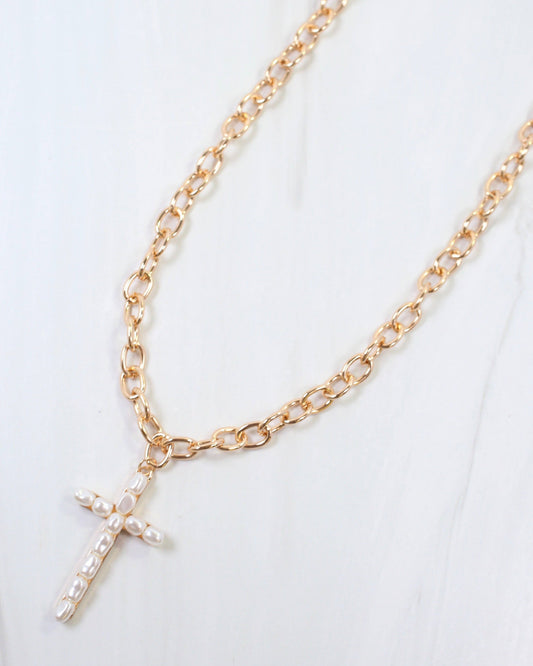 Caroline Hill Gold Pearl Cross Necklace