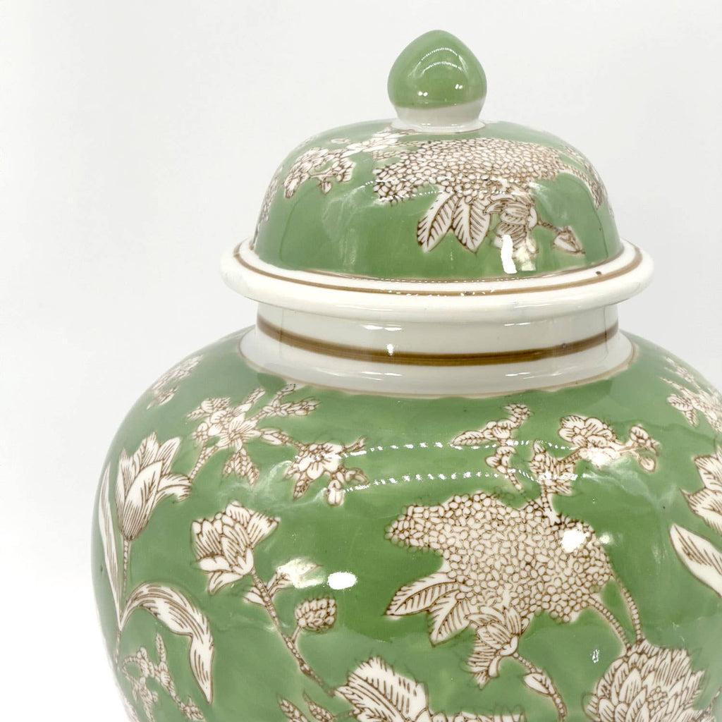Green & White  Floral Peony Ceramic Chinoiserie Jar 12"