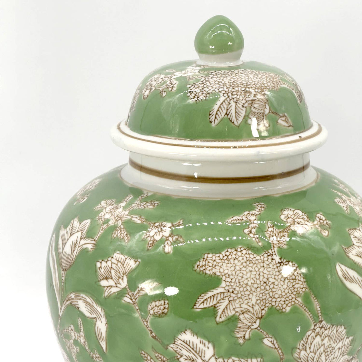 Green & White  Floral Peony Ceramic Chinoiserie Jar 12"