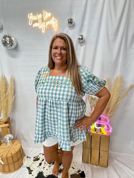 Plaid Bell Sleeve Top Light Teal